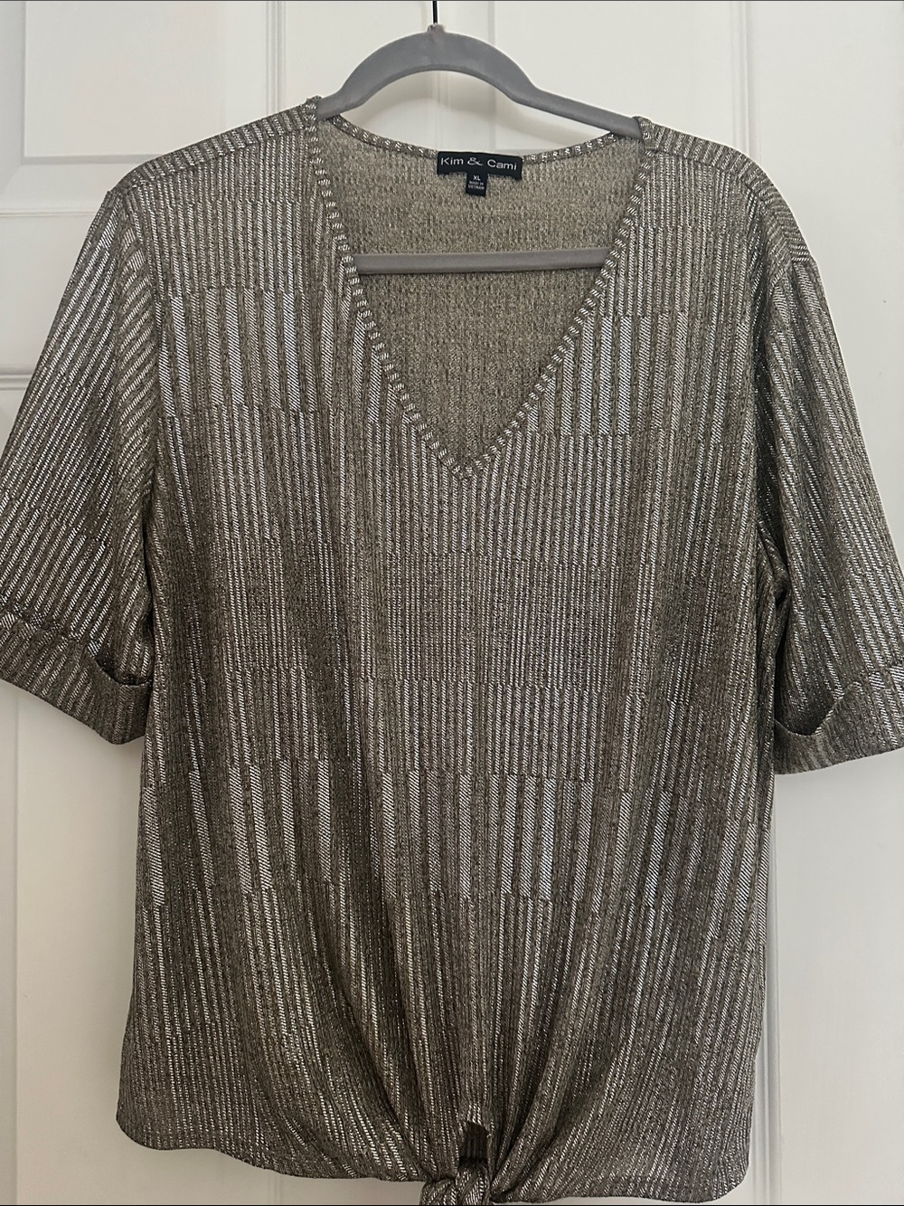 Kim & Cami Metallic Taupe Short Sleeve V-Neck Tie-Front Top
